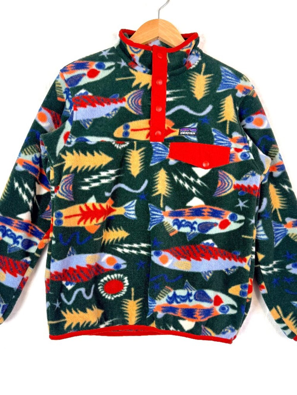 PATAGONIA Kids Synchilla Snap T Fleece Fish Salmon Energy Outdoor Sweatshirt M
